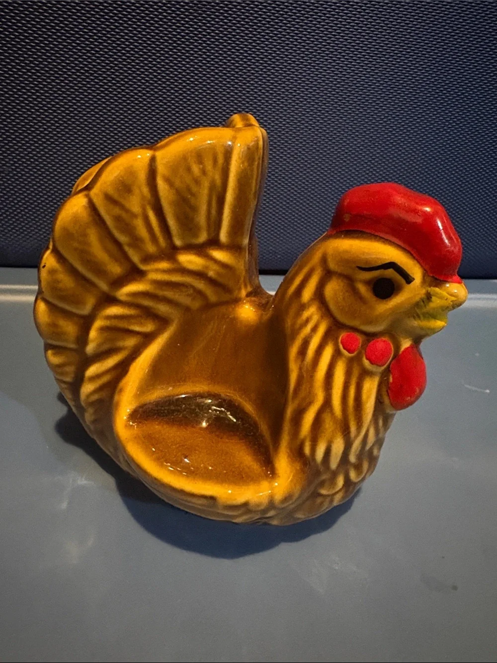 Vintage Ceramic Hen Napkin holder with spots for shakers- Yellow and Red